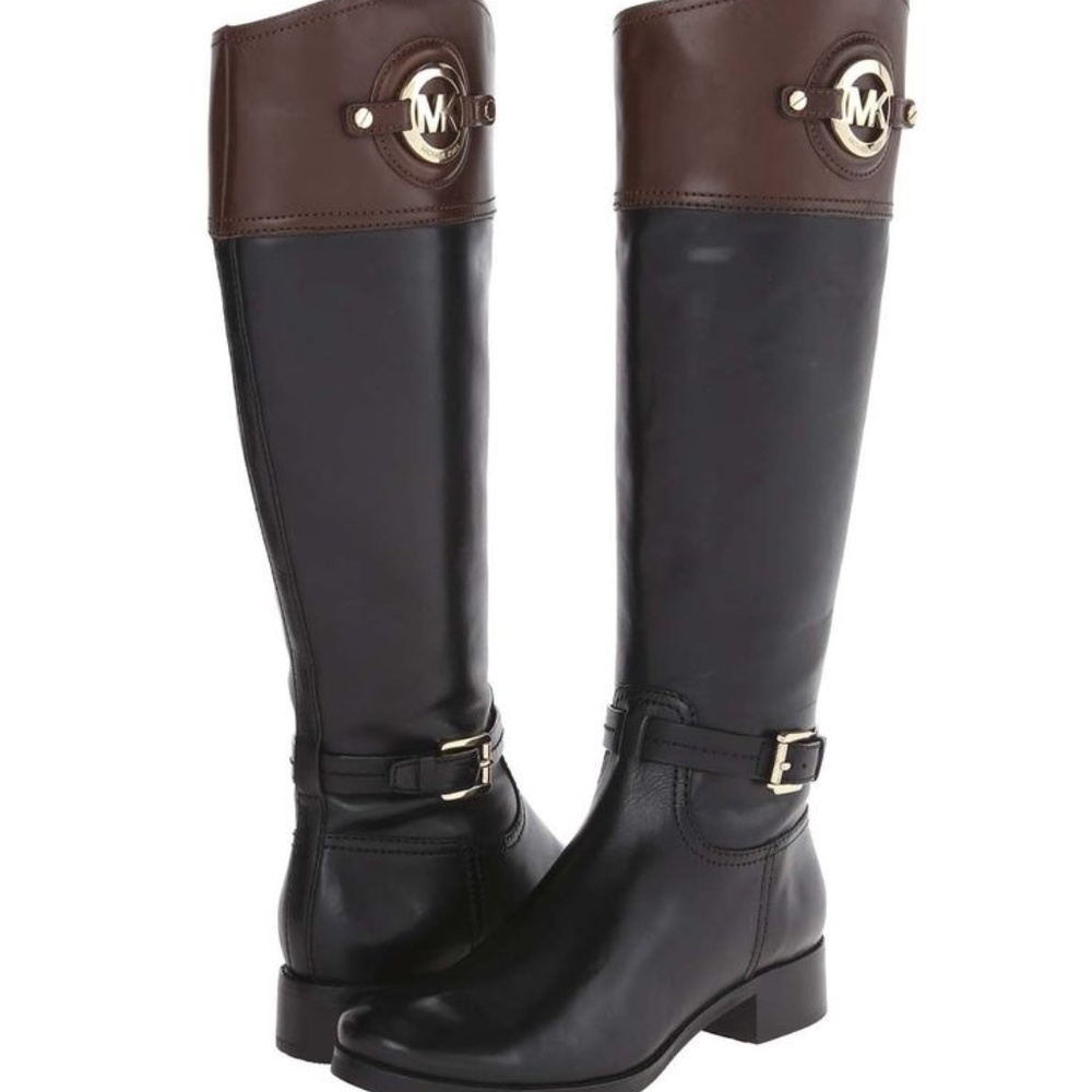 NWT NIB Michael Kors Woman’s Size 5.5 Stockholm Mocha Black Logo Riding Boot - Picture 2 of 3